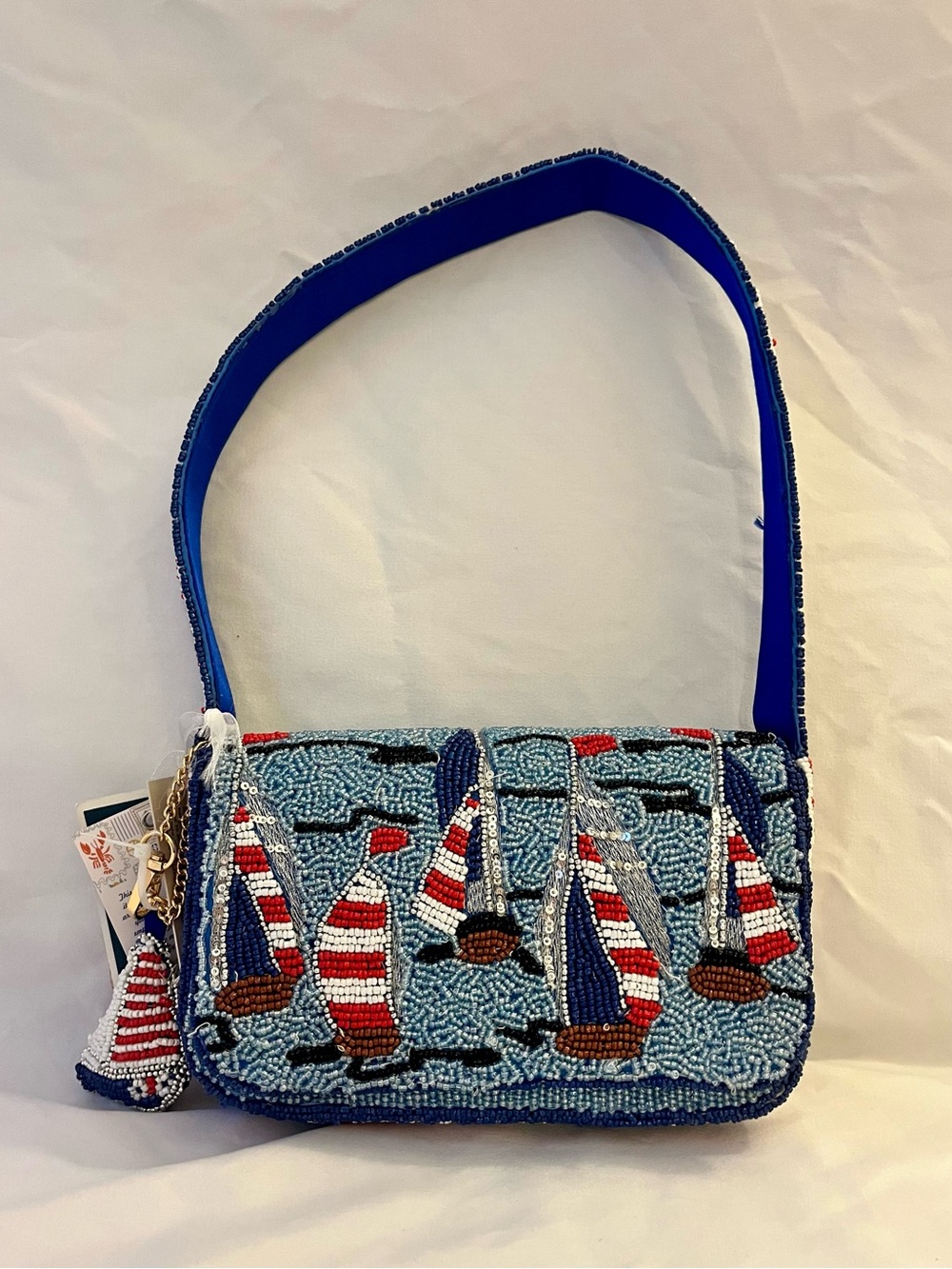 ⛵️ Handcrafted in India Sailboats Red White Blue Ocean Beaded Shoulder Bag